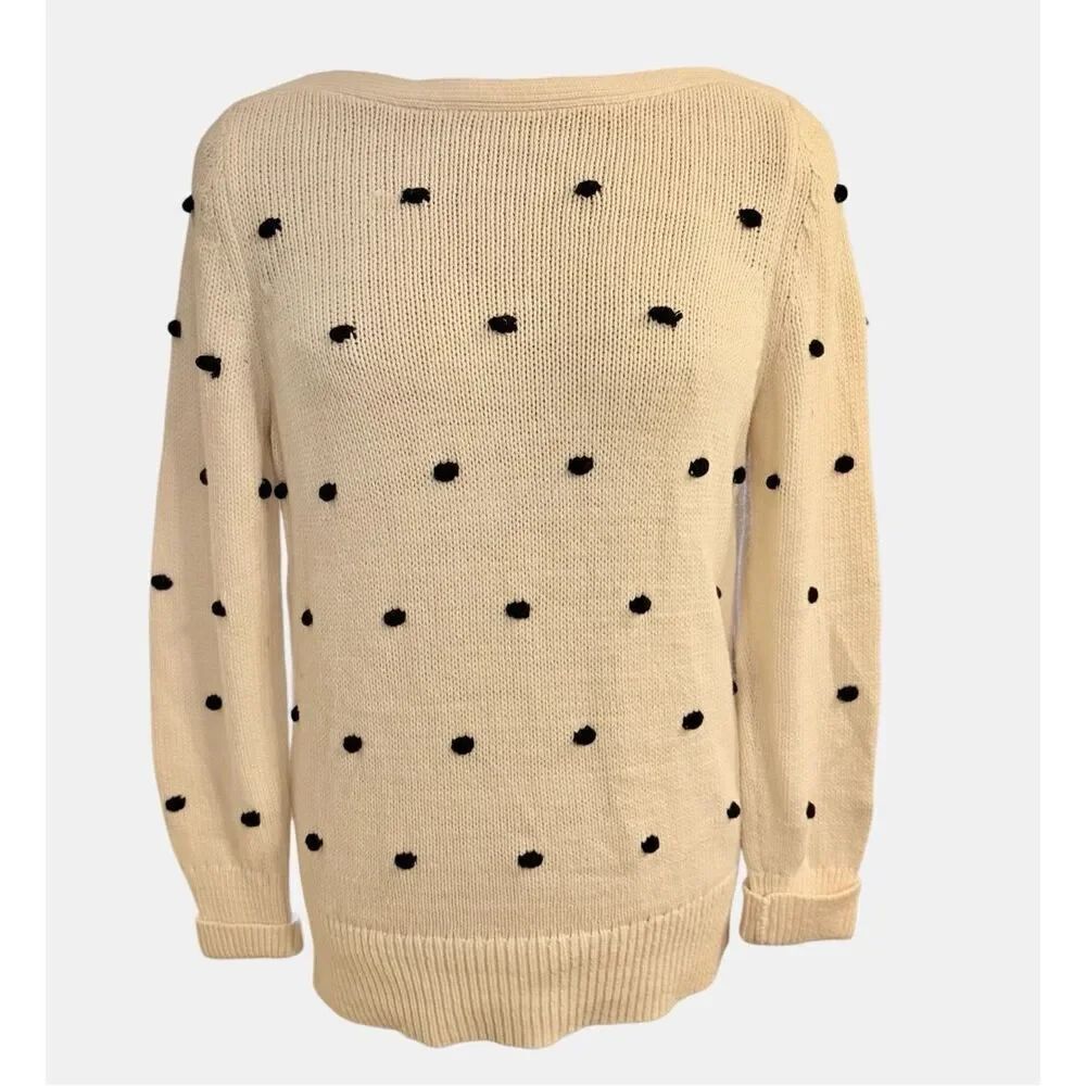 Ann Taylor LOFT Bobble Knit Polka Dot Sweater Boat Neck Cream & Black Large
